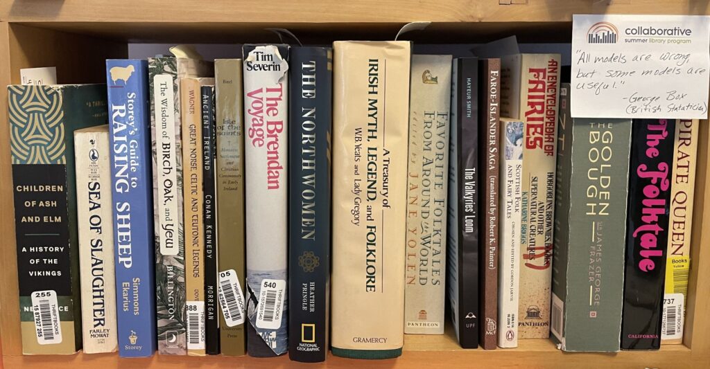 Shelf full of books about folklore and history of North Atlantic